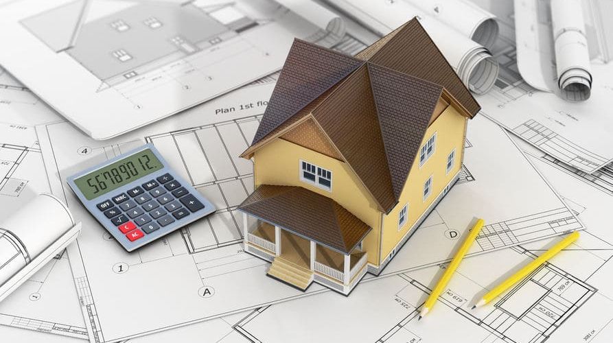 49516331 - 3d render of house with calculator and pencil on the blueprints.